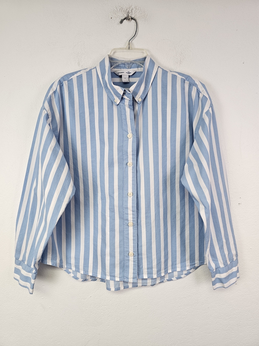 Old Navy Boyfriend Shirt Light Blue & White Stripe Button Down Sz L Coastal